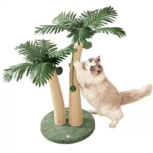 Furlogy 87cm Tall Cat Scratching Post Cat Scratcher, 2 Curved Design Cat Tree with 5 Interactive Balls, Natural Sisal Rope Scratching Posts for Indoor Cats and Kittens (Style A)