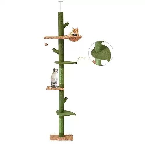 EROMMY Cactus Cat Tree Floor to Ceiling with 228-275cm Adjustable Height, 5 Tiers Cat Tower for Small Space, Tall cat tree for indoor cats with Scratching Post, Cozy Bed and Dangling Ball