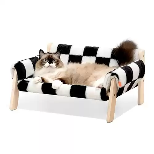 MEWOOFUN Large Cat Bed Sturdy Wooden Leg Raised Cat Sofa Bed Kitten Bed for Indoor Cats - Soft Cat Couch with Removable Cover Hold up 15kg, 56x45cm Checkerboard