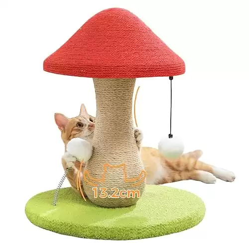 PAWZ Road Cute Cat Scratching Post, Mushroom Cat Scratcher with 100% Sisal Covered Scratching Post & Pompoms Cat Toy, Mushroom Cat Post for Indoor Cats