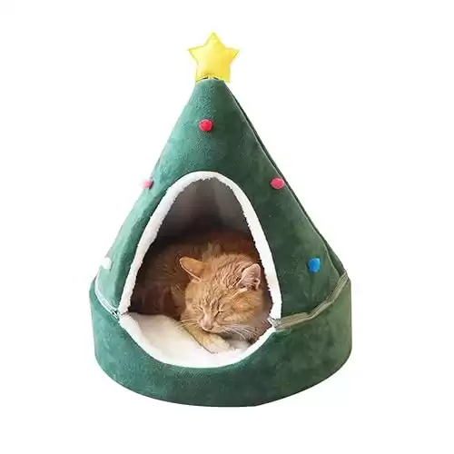 Cat Bed Christmas Hat Cat Tent, Portable Cat Tent Cave Bed Christmas Tree Cat House Bed Comfortable Triangle Cat Bed Pet Tent House for Small Dogs and Small Animals (35 * 45CM)