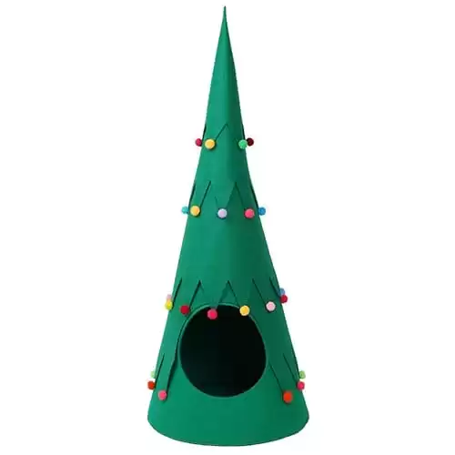 Christmas Pet House Felt Xmas Tree Shape Cat Tent Cave Bed Doggy Cage Nest Castle For Small Animal Cat Dog (Green)