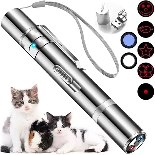 JARUFEE Cat Toys for Indoor Cats Adult Kittens, USB Rechargeable Cat Teaser Wand with Classic Light and 5 Patterns Pet Scratch Exercise Tools, Interactive Dog LED Pointer