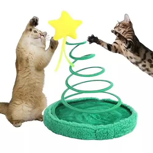 PAWISE Cat Toys for Indoor Cats, Christmas Interactive Kitten Toys, plush spring high resilience collapsible Christmas tree star style pet toys