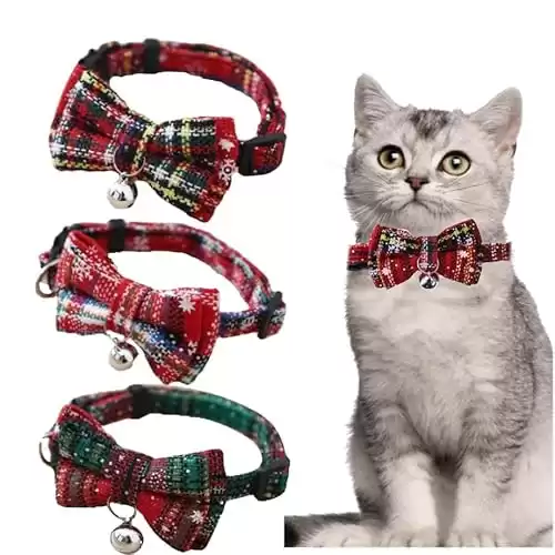 3 Pack Christmas Plaid Cat Collar with Bell and Bow Tie, Quick Release Safety Cat Collars Breakaway Xmas Adjustable Plaid Snowflake Collar for Kitten Puppy and Cats