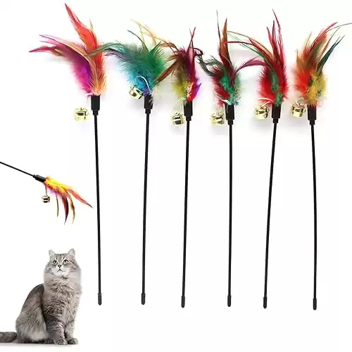 Besimple Set of 6 Feather Wands for Cats - Variable Colour - Coloured Feathers - for Cats and Kittens