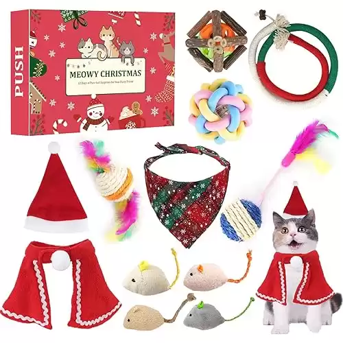 ANOTION Cat Advent Calendar 2024-12 Days Christmas Countdown Calendar for Cats with Assorted Kitten Toys, Interactive Catnip Toys, Mice, Cat Feather Ball and Ball Bells, Xmas Gifts for Cat Lovers