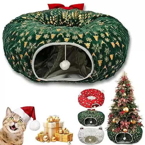 Christmas Tree Cat Tunnel, Cat Tunnel for Under Christmas Tree, Foldable Cat Tunnel Toy, Cat Tunnel Bed Under Christmas Tree, Warm Plush Cat Tunnel for Indoor (Green)