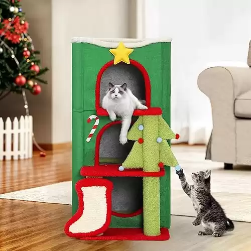 YITAHOME Christmas 3 Storey Cat House for Indoor Cats Bed, Covered Cat Beds & Furniture with Highway Cave, Scratch & Itching Post, Christmas Modern Cat Condo Furniture, 52 * 45 * 85cm(Green)