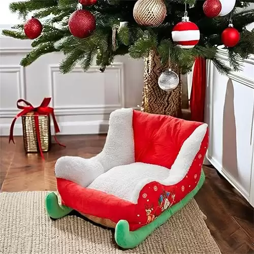 Interesting Red Christmas Cat Dog Bed,Festive Plush Cozy Dog Bed,Pet Sleigh Bed-Christmas Sleigh Dog Bed,Sofa,Plush Synthetic Fur,Christmas Holiday Themed Pet Bed,Washable And Highly Durable